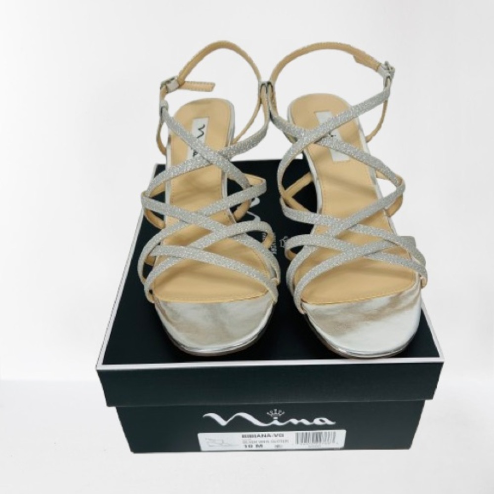 Nina Women's Bibiana Wedge Evening Sandals Silver 10M